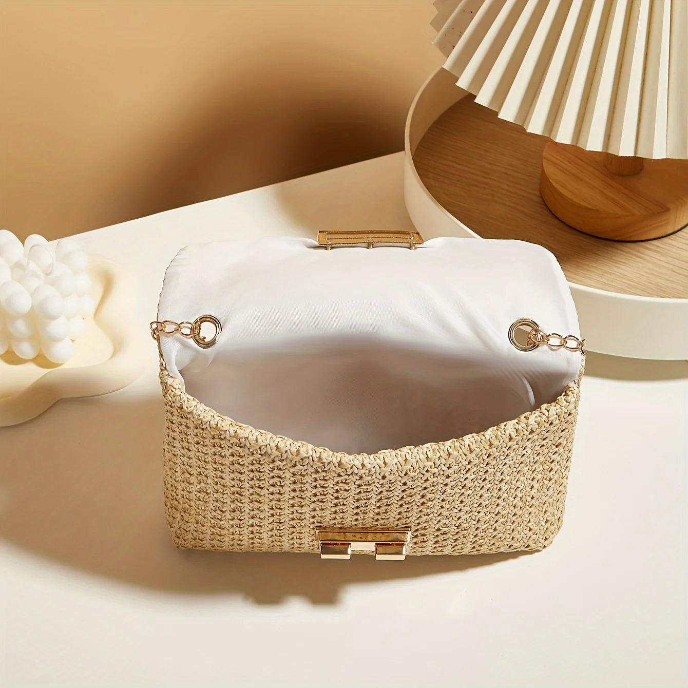 Woven Straw Handwoven Womens Shoulder Bag Fashion Solid Color Crossbody Purse with Lock Clre 260208