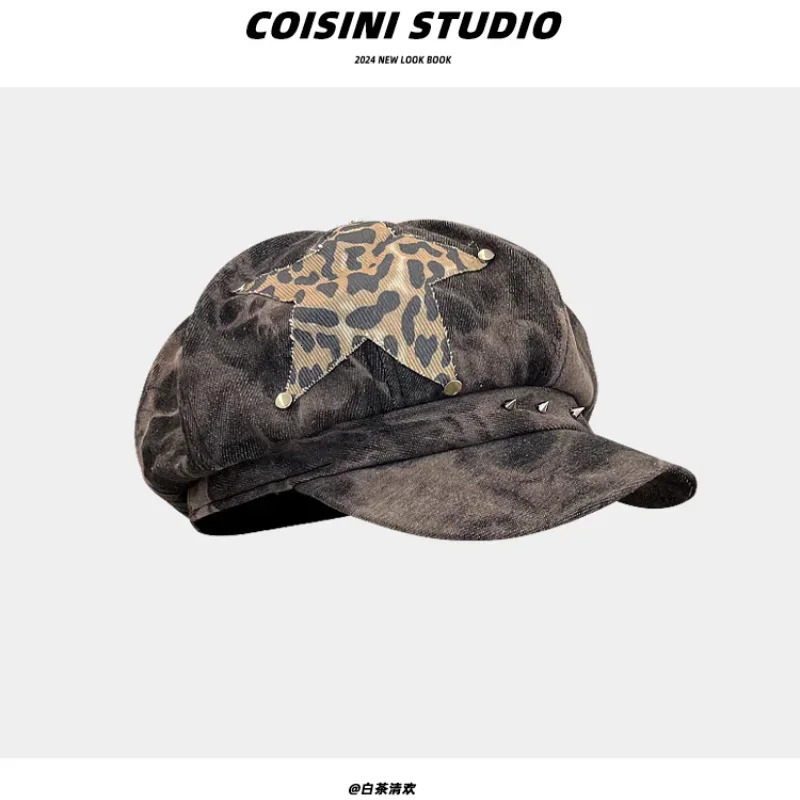 Y2K Personalized Star Sticker Rivet Berets Caps for Women Spring and Autumn Fashion Versatile Retro Tie-dye sboy Hats 260205