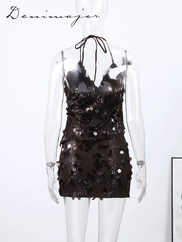 Sexy Sequin Mini Skirt Sets 2 Pieces for Women Halter Sleeveless Backless Vest Bodycon Skirt Suit 2026 Summer Party Club Outfits 260122