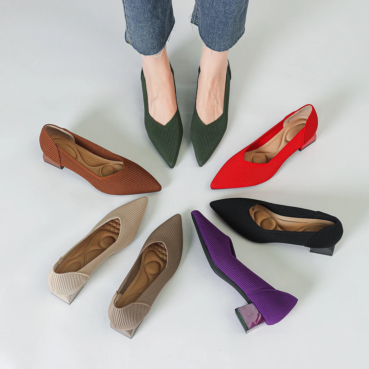 2025 Womens High Heels Large 42/43 Fashion Pointed Anti slip Rubber Bottom Knitted Breathable Shoes 260202
