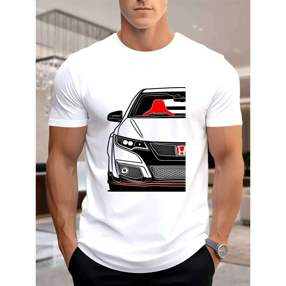 Men's Graphic Print Short Sleeve T-Shirt - Summer Pure Cotton Comfortable Loose Fit, Trendy Red & Black Cars with White Stripe X260209