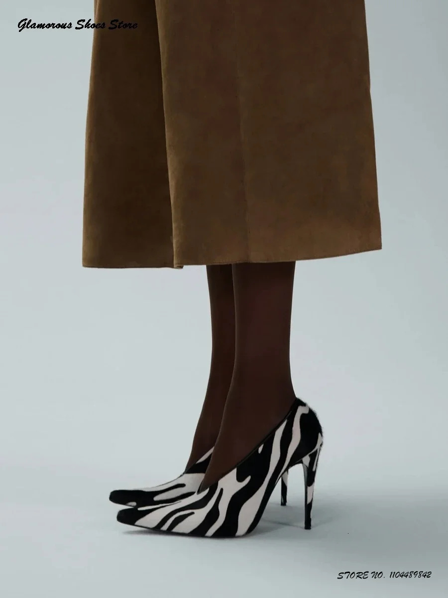 Zebra Print Leather Stiletto Pumps Pointed Toe Thin Heels Runway Shoes Spring Autumn Shallow Slip On Trending High 260208