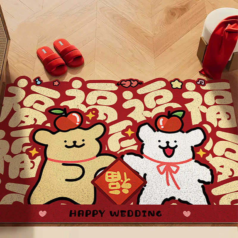 Cartoon puppy entrance door mat red festive household floor mat New Years dirt-resistant foot mat silk loop floor mat S260207