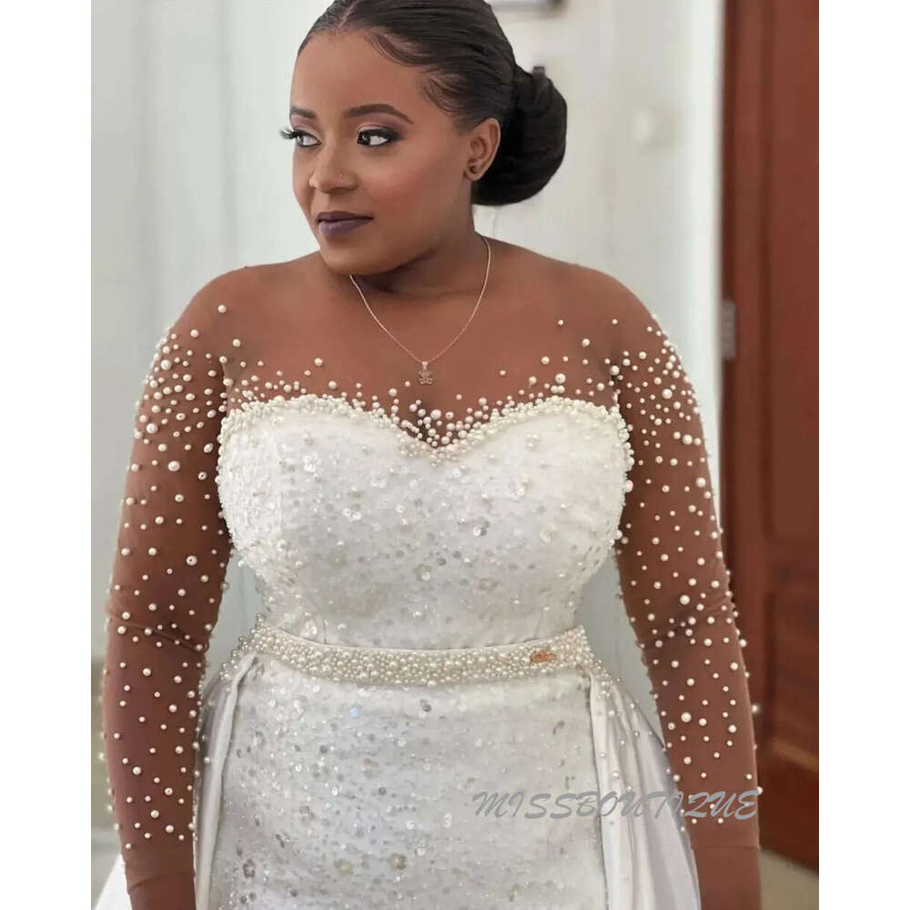 Ivory Satin Mermaid Wedding Dress With Pearls Sequins Full Sleeves And Detachable Train Vestido De Novia 0209