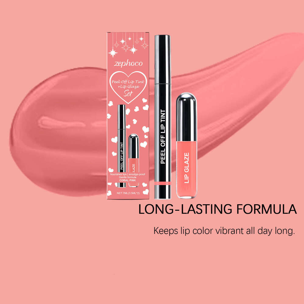 zephoco Coral Pink Peel-Off Liner and Glaze Set Daily Application Natural Color Convenient Lip Makeup