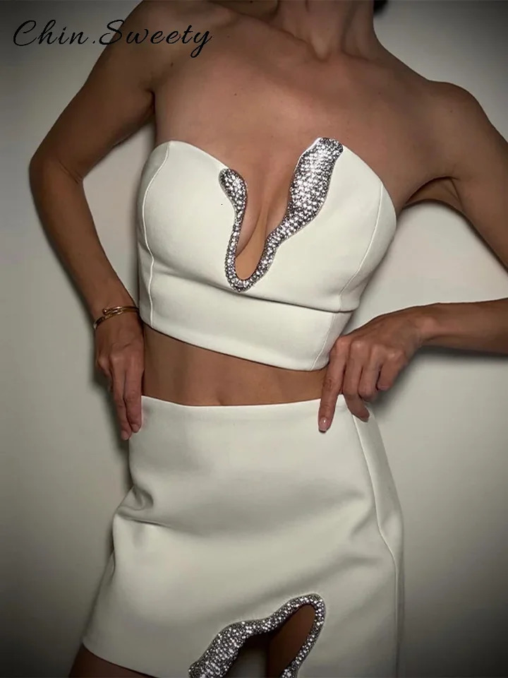 Sexy Asymmetric Rhinestone Short Skirt Set Women Solid Strapless Sleeveless Crop Tops Mini Skirts 2026 Spring Lady Elegant Gown 260208