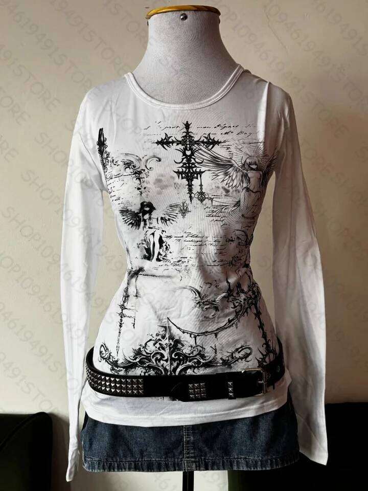 Y2k Style Aesthetic Sweet And Sexy Long Sleeved Top For Women's Casual Gothic Punk Printed T-Shirt Harajuku Grunge Clothes Emo