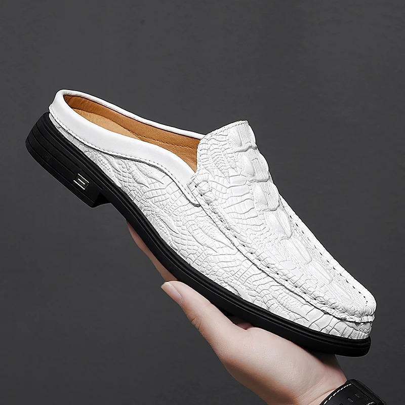 2024 Black Half Shoes for Men Leather Mules Casual Fashion Social Big Size Mocassin Elegantes Walking 260126