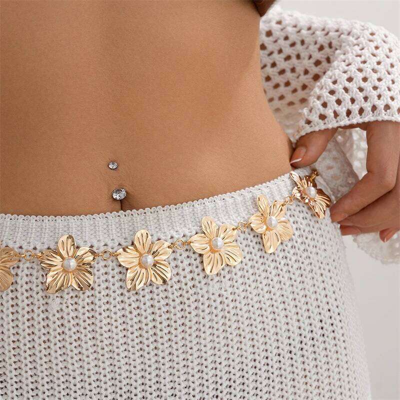 Personality Geometric Metal Pearl Big Flower Waist Chain for Women Fashion Summer Beach Bikini Body Jewelry Gifts X260209