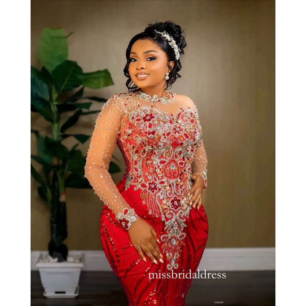 Red Mermaid Prom Dresses 2026 Beaded Lace Full Sleeves Sparkly Evening Formal Party Gowns Plus Size Robe De Soiree Mariee Luxe 0209