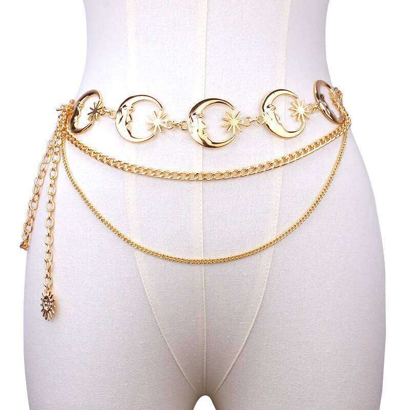 Chunky Multilayer Punk Gothic Moon Sun Metal Waist Belts for Women Dress Body Chain Jewelry X260209