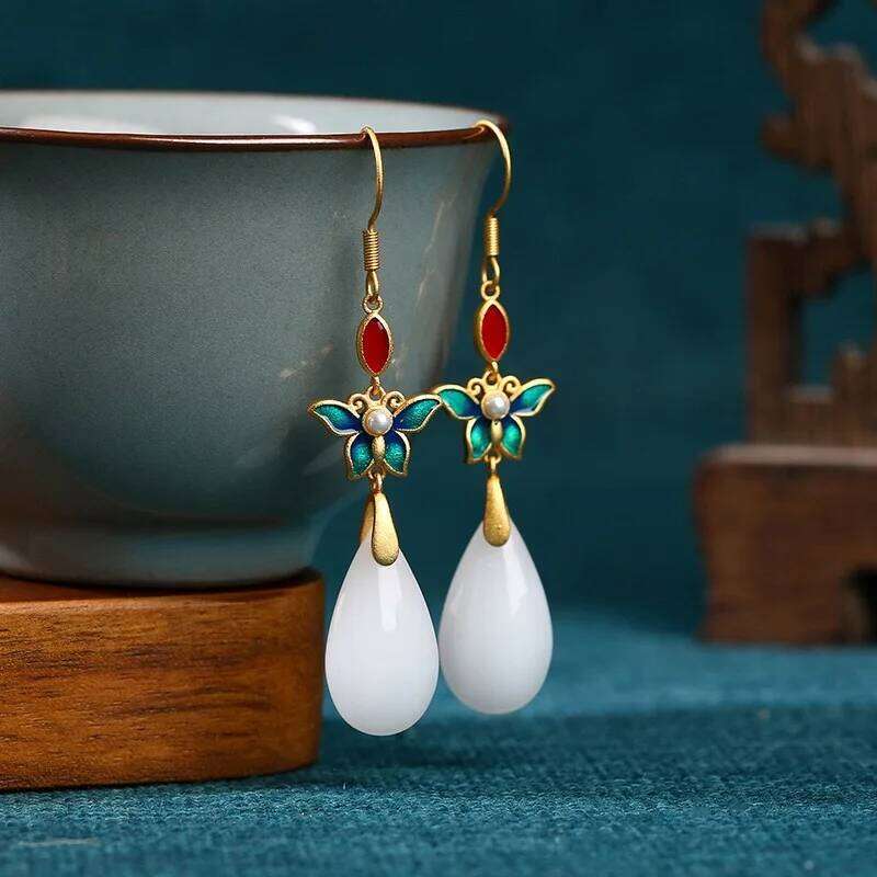 Earrings Traditional Chinese Enamel with Retro Flower Shaped Jade Pendant Gold Plated for Cultural Festival and Wedding Jewellery Gift High Quality Te
