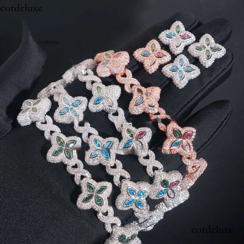 Hip Hop Sier 18MM Width Colored Clover Moissanite Bracelet with Earrings Custom Iced Out Fine Jewelry Sets for Men Women 1a