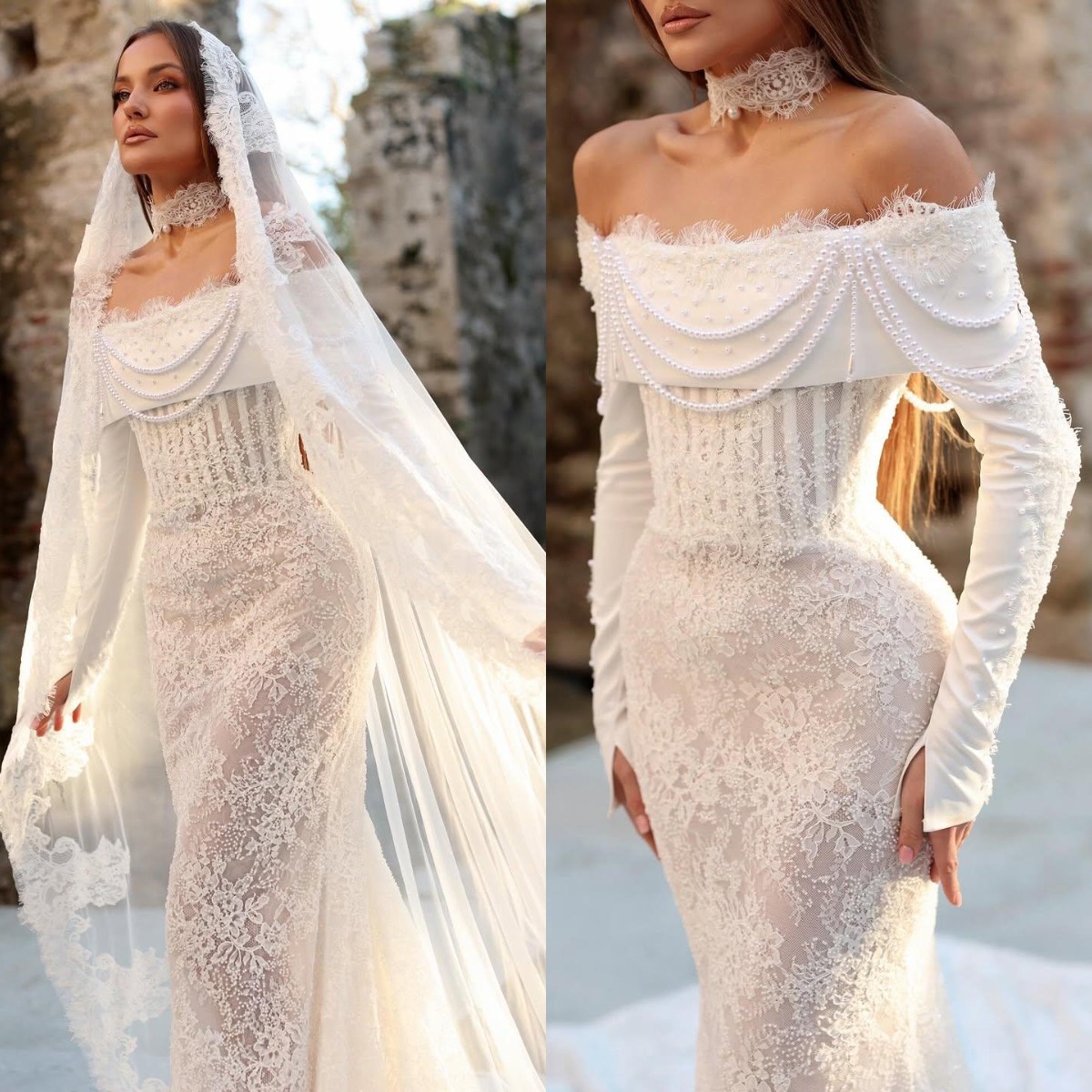 Designer Mermaid Wedding Dresses For Women Off Shoulder Long Sleeveless Gown Lace Pearls Beading Sweep Train Customized Dress