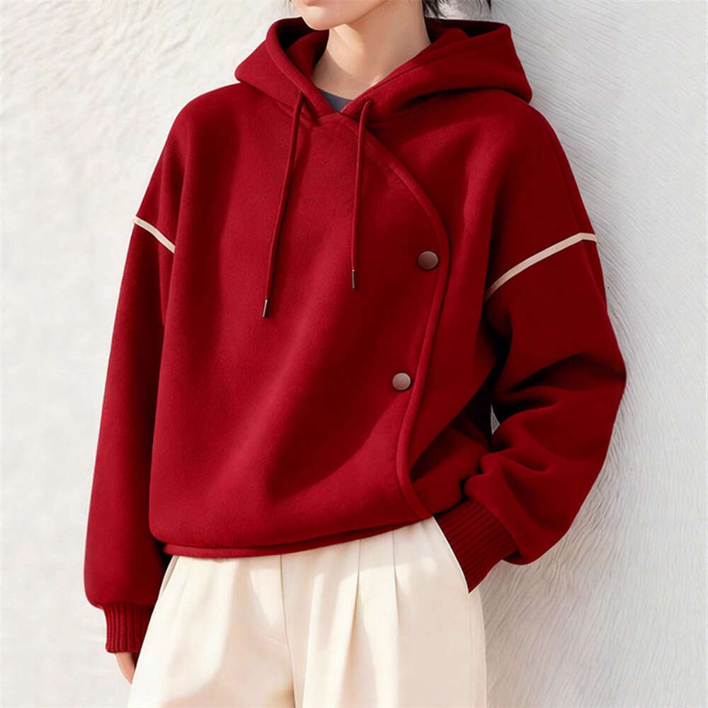 New Autumn And Winter Loose Lazy Style Christmas Red Hooded Irregular Thickened Fleece Sweatshirt Jacket For Women