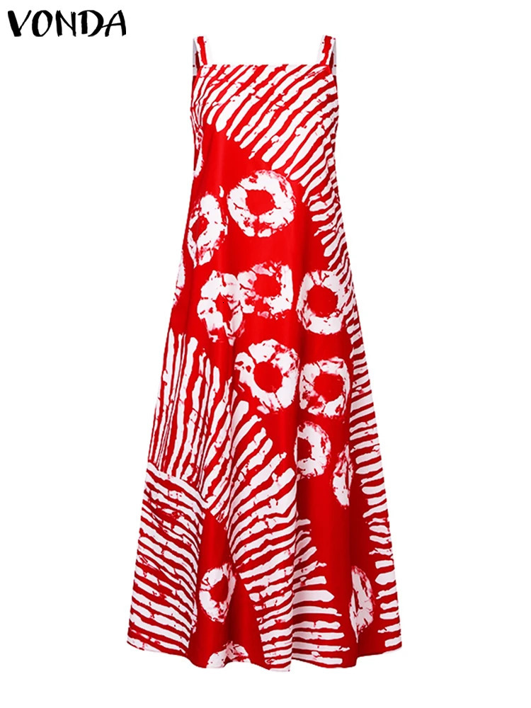 VONDA Plus Size 5XL Summer Bohemian Printed Maxi Dresses Sleeveless Party Beach Sundress Tank Long Vestido Casual Holiday Robe 260118