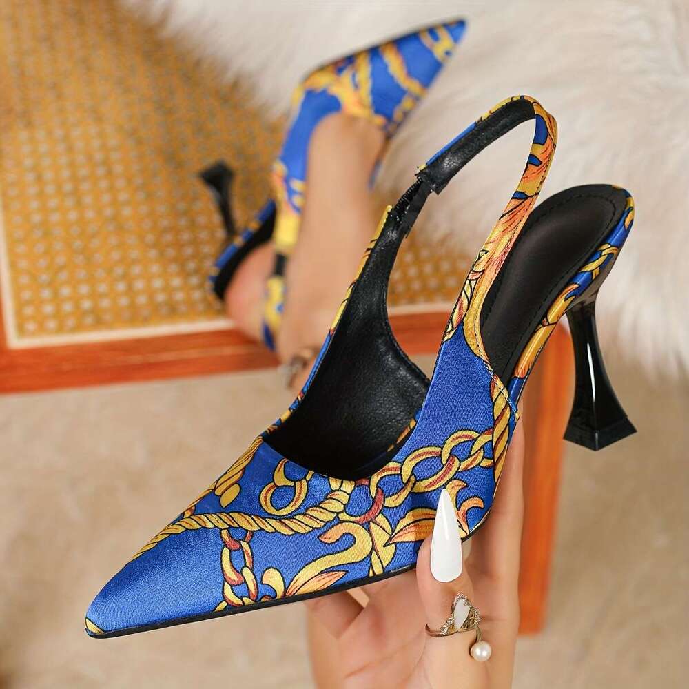 Elegant Women S Sandals Printed Chain Pointed Toes Featuring Comfortable High Heels With A Trumpet Thin Heel These Black High End Shoes Exude Luxury M