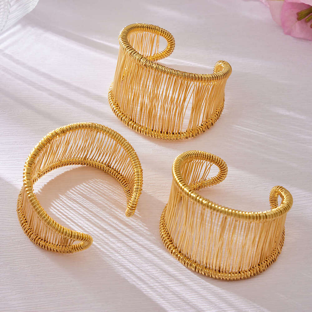 Fashionable silk-wrapped wide open bracelet, stainless steel bangle, personalized versatile bracelet for women, European and American jewelry wholesal