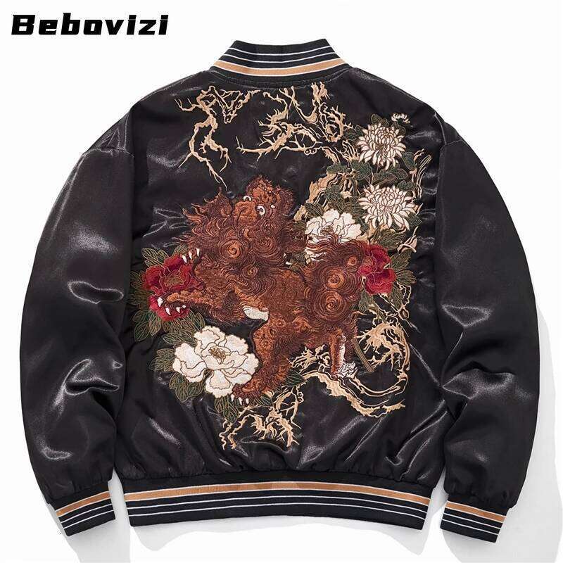 Mardi Hefxessdr Chinese Mythical Beasts Embroidery Black Japanese Style Coat Streetwear Vintage Fall Outerwear Men s Baseball Jacket