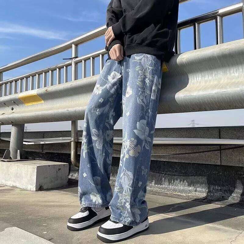 Printed Jeans 2025 Spring Korean Style Mens New Floral Denim Pant High Street Loose Straight Couples Trousers baggy hosen herren