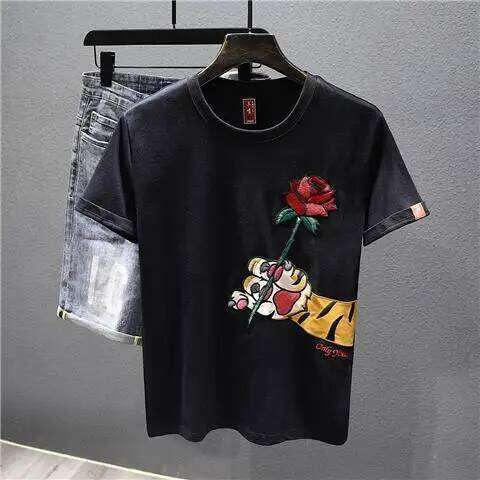 Rose Embroidered Short-sleeved T-shirt Men's 2025 New Summer Casual Loose Round Neck Half-sleeved Top X260209