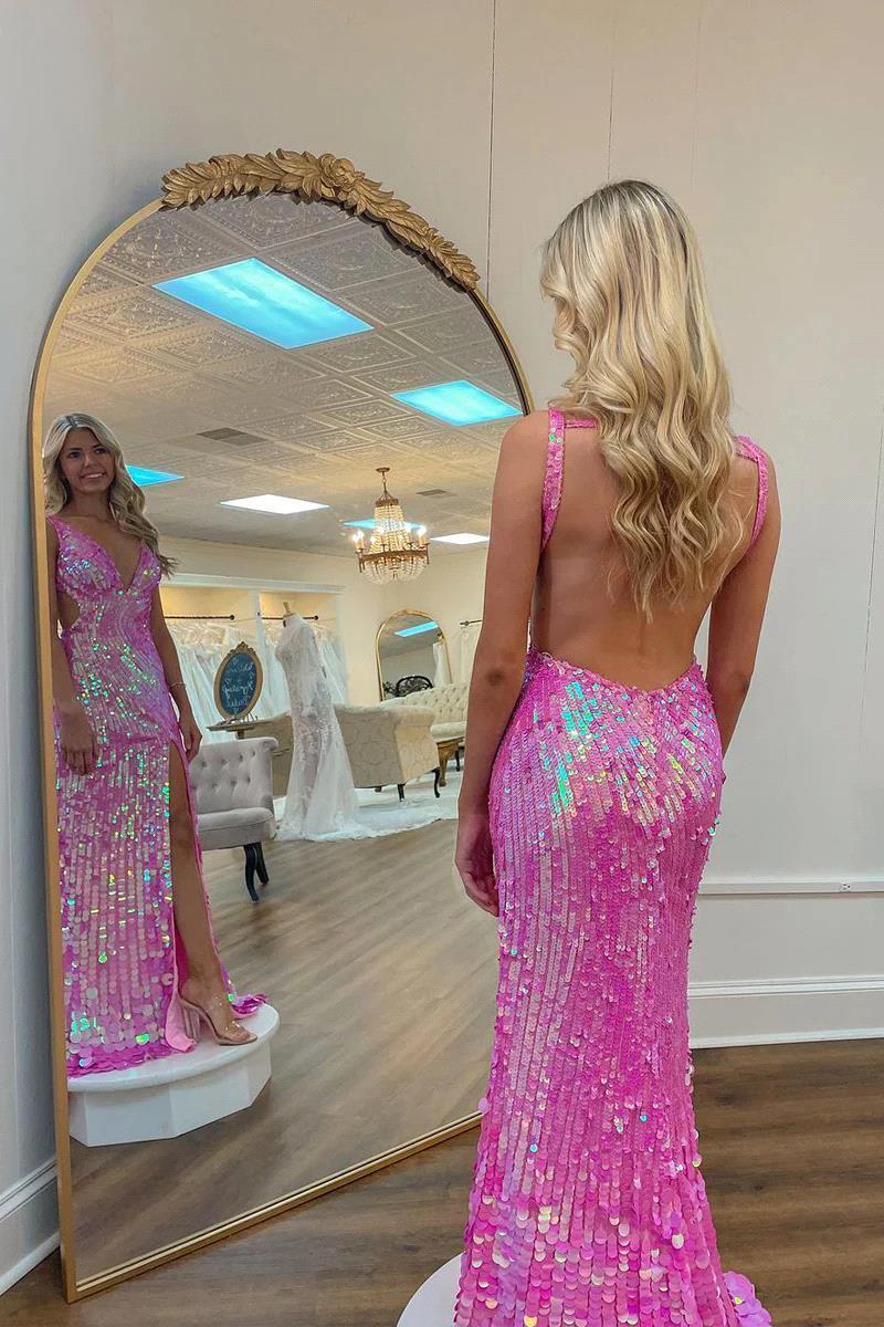 Shinny Fuchsia Sequined Evening Dresses Sexy V Neck Pink Sequins Prom Dress with Backless Sleeveless Design and High Slit Women Formal Occasion Gala B
