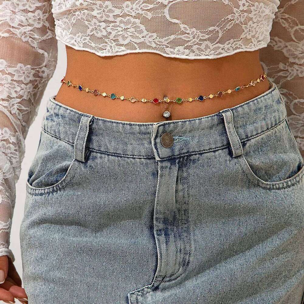 Simple Colorful Geometric Crystal Waist Belly for Women 2025 Trendy Bikini Thin Belt Chain Body Jewelry X260209