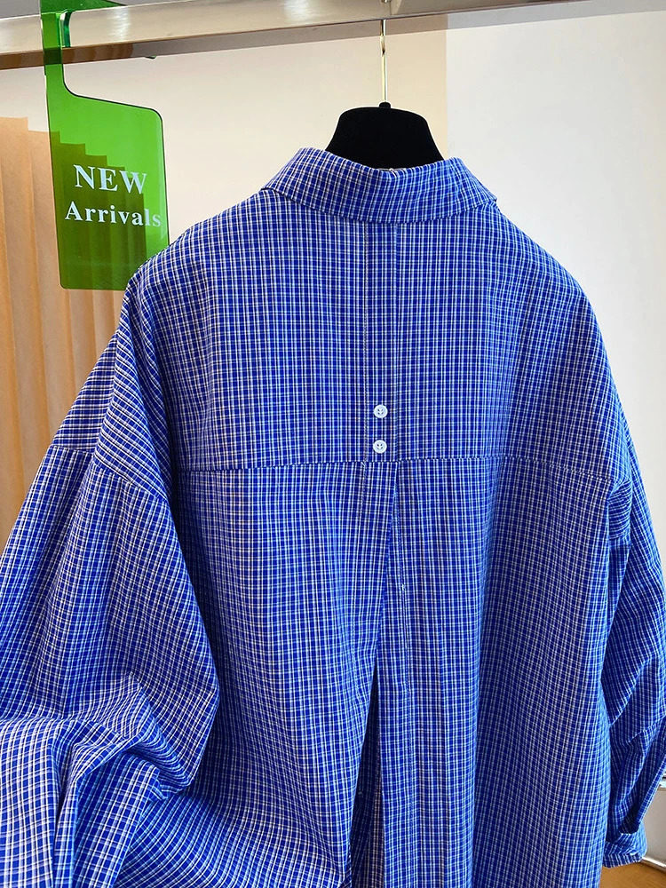 Blue Plaid Long Sleeve Loose Shirts Fashion Korean Split Bandage Blouse Women Oversized Spring Tops 2026 Casual Vintage Blouses 260207