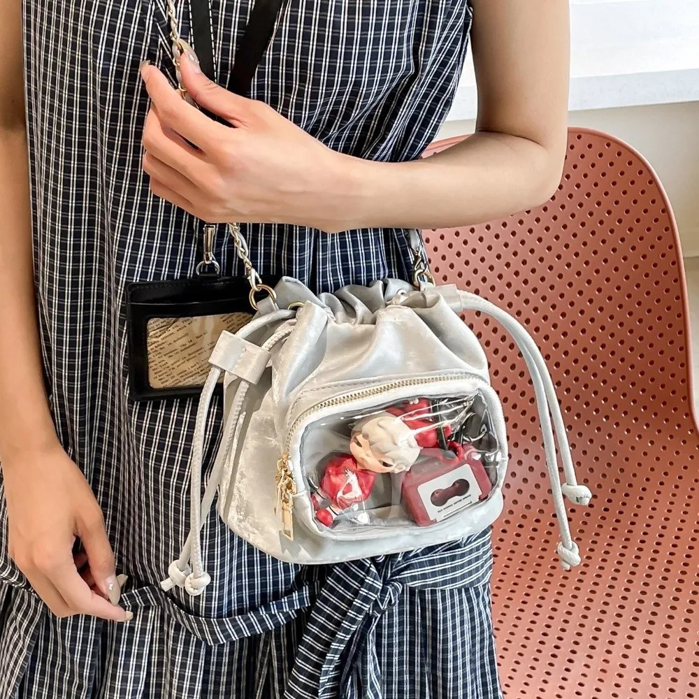 Cute Handbag Transparent Pocket Itabag Shoulder Bag Purse Drawstring Bucket Solid Color Korean Style Crossbody Student 260208