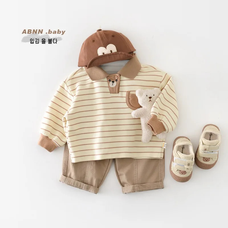 HoneyCherry Spring Kids Striped Polo Shirt - Unisex Casual Collared T-Shirt Korean Style Toddler Top Polo Kids Boys 260124
