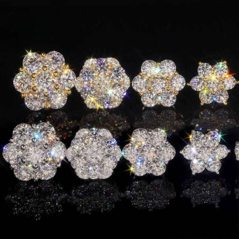 Hot Sale Pass Tester Hip Hop Sier Gold Plated VVS Dia Moissanite Flower Stud Earrings Cluster c9