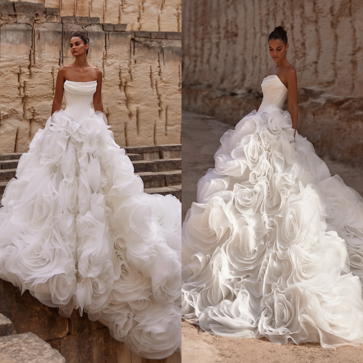 Gorgeous Strapless Wedding Dresses 3D Flowers Bridal Gowns A Line Plain Princess Sleeveless Sweep Train Customized Vestidos De Novia Plus Size