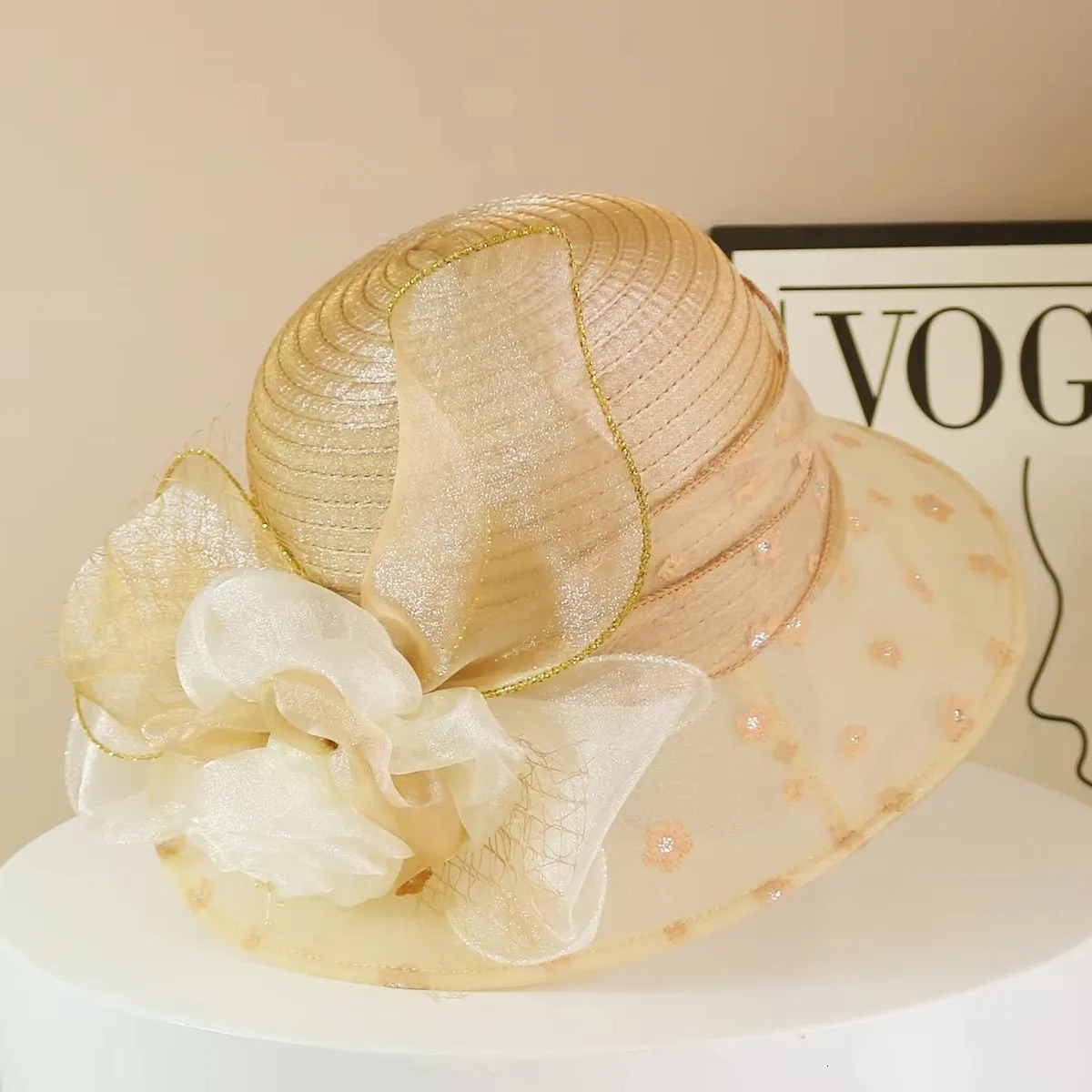 Fashion Hat Women Top Hat Elegant Organza Flower Wide Brim Sun Hat for Women Retro Style Party Banquet Accessory Foldable Beach 260208