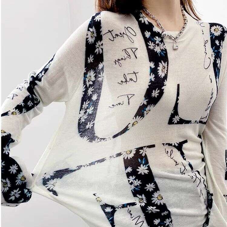 Spring Summer Tops Office Lady Women's Clothing Loose Pullovers Printed Simplicity Casual Geometric Tee Faionable Thin Knitted Wool top