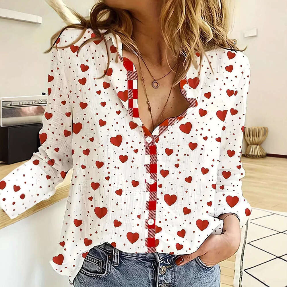 Women's Heart Print Button Down Shirt with V Neck, Long Sleeve Casual Top for Spring Summer Love Heart Print Pattern Office Lady Blouse Shirts