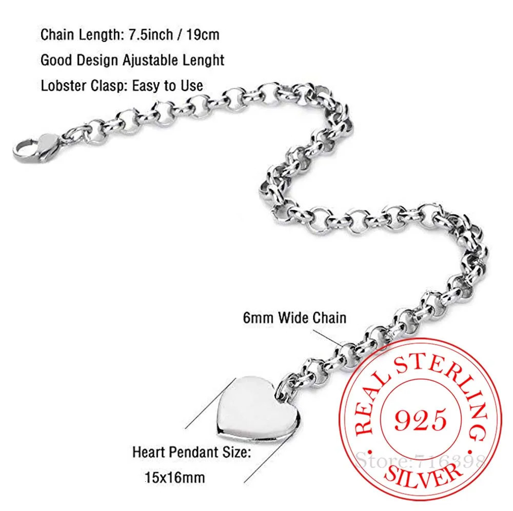 Punk 925 Sterling Silver A-Z Letter Heart Charm Bracelets Bangles For Women Fine Jewelry Pulseras Mujer Moda 260128