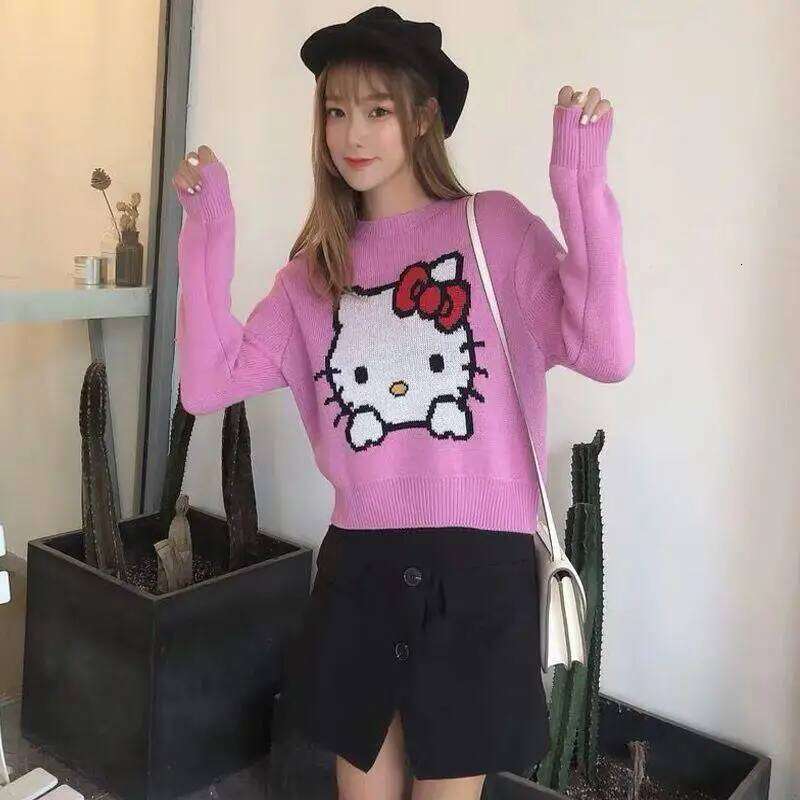 Hello Kittys Long Sleeve Knitwear Women Crop Tops Fashion Sweater Slim Fit Korean Cartoon All Match Round Neck Pullovers