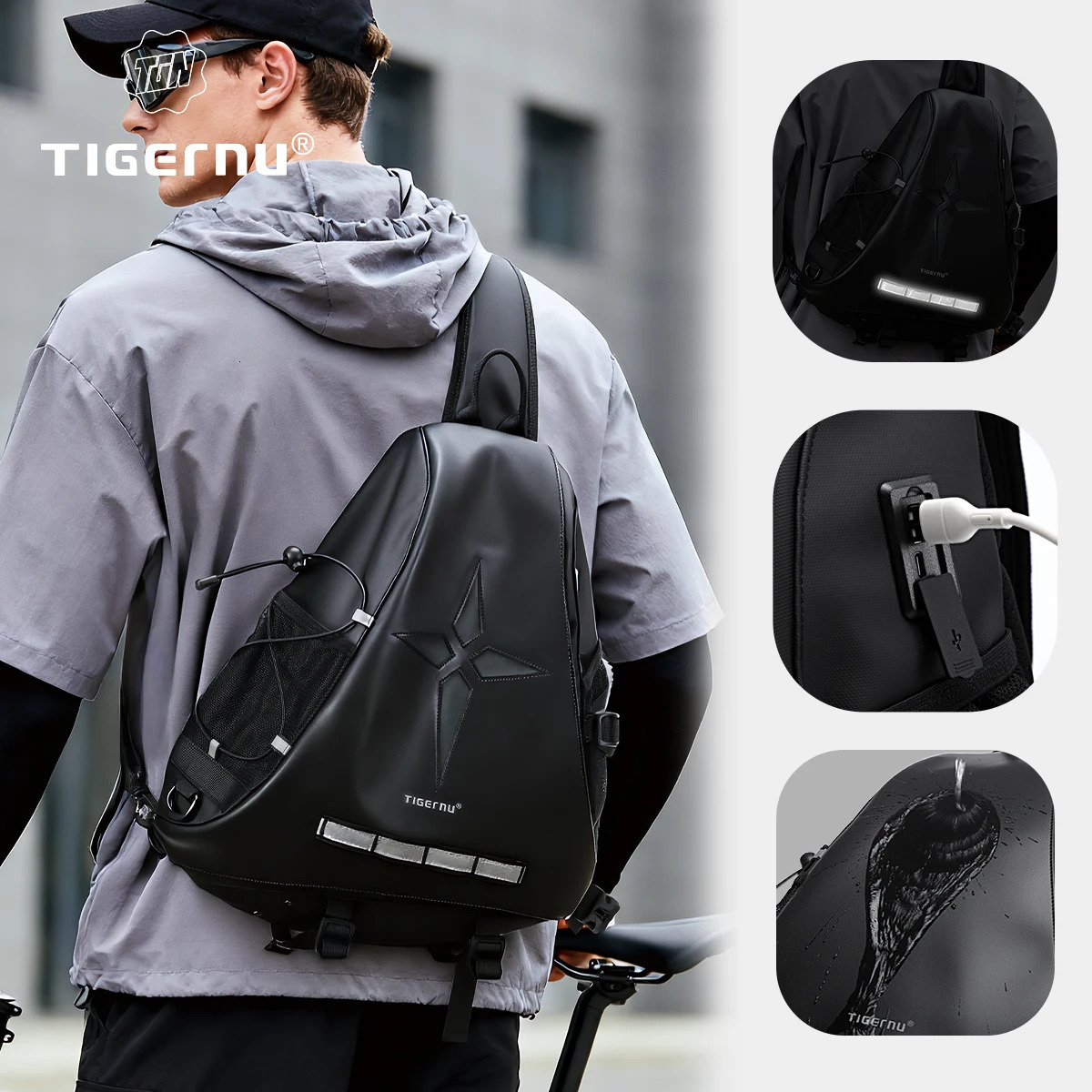 Tigernu Fashion Chest Bags For Men Outdoor Sports Shoulder Male Reflective Strip Crossbody Sling Hiking Biking Travel 260208