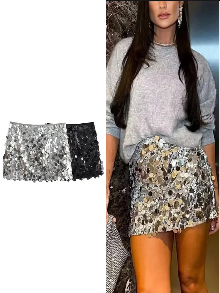 Women Fashion With Sequined Solid Side Zipper Mini Skirt Vintage High Waist Female Chic Lady Skirts 260122