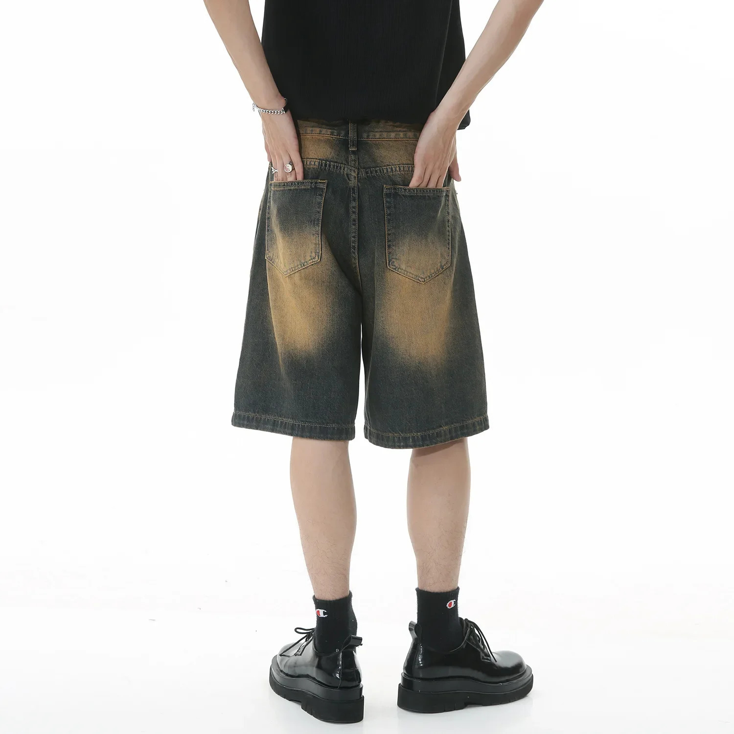 Vintage Mens Jeans High-Streets Wide-leg Pants Men Summer Baggy Jeans Denim Shorts for Men Streetwear Knee Length Short Pants 260208
