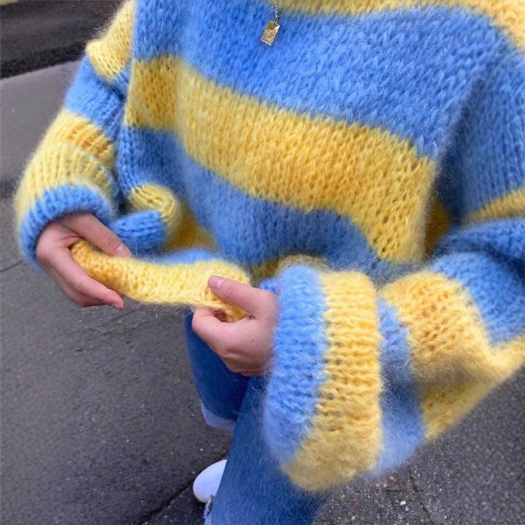 Fall/Winter New Arrival Crew Neck Pullover Sweater Loose-Fit Gradient Striped Contrast Color Top