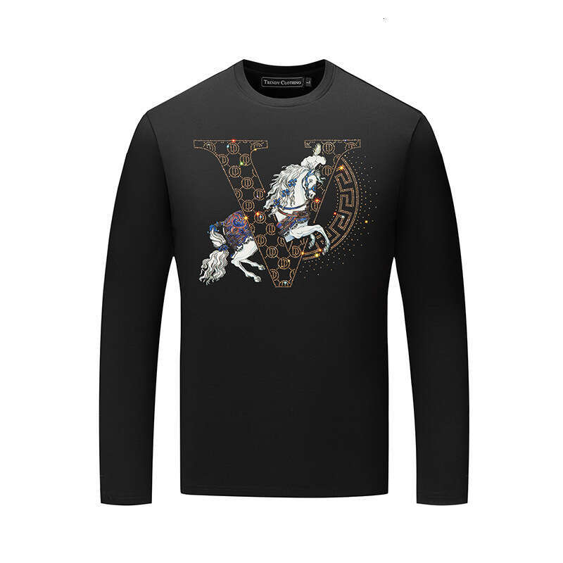 Long-Sleeve T-Shirt, Spring And Autumn Slim-Fit Round-Neck Base Shirt, Men's Clothing, Large Size, Rhinestone Printed