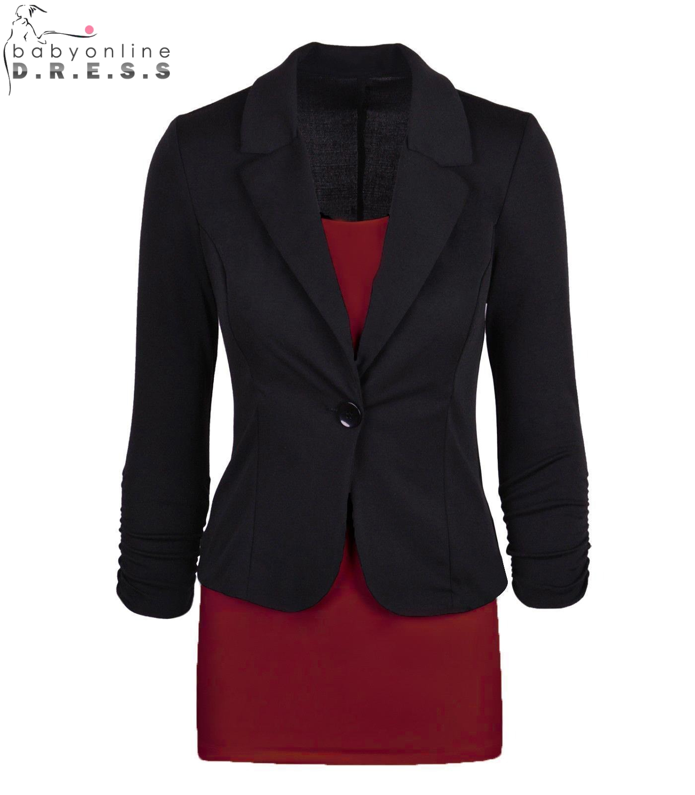 BABYONLINE D.R.E.S.S. Women's Elegant 2-Piece Office Outfit Slim-Fit Black Ruched Sleeve Blazer with Sleeveless Red Bodycon Mini Dress for Busine