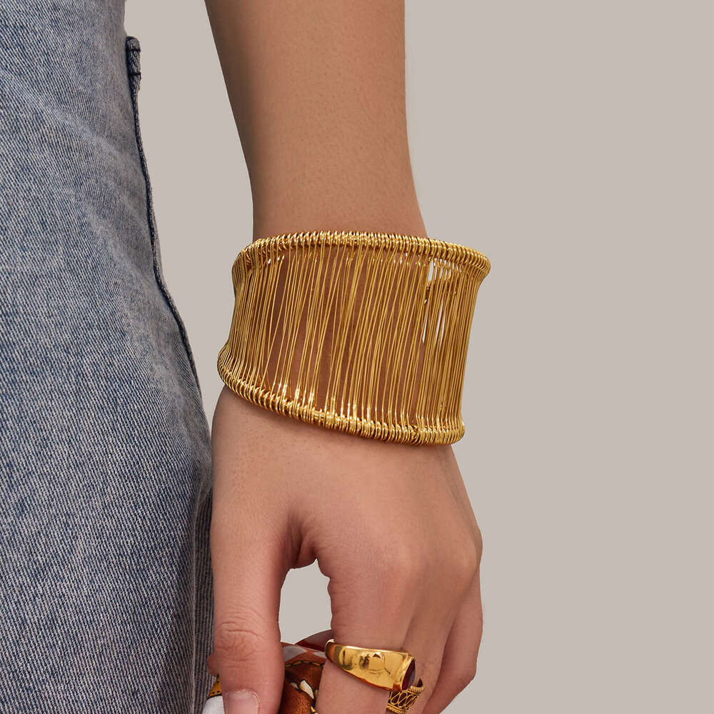 Fashionable silk-wrapped wide open bracelet, stainless steel bangle, personalized versatile bracelet for women, European and American jewelry wholesal