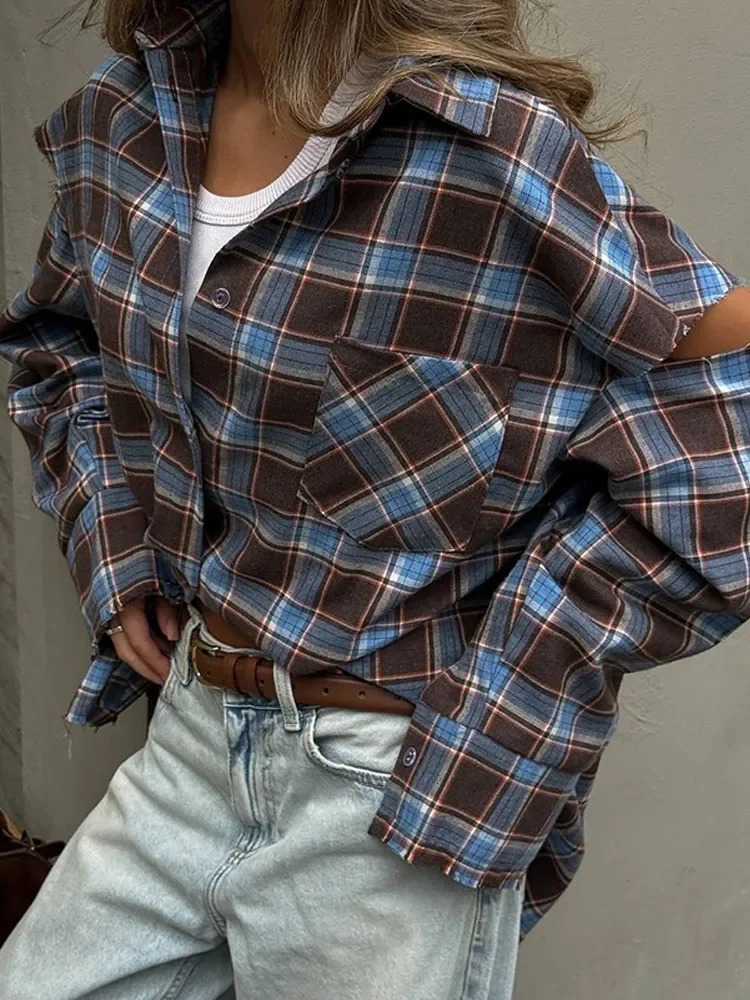 Women Checkered Pattern Shirt Vintage Lapel Long Sleeve Single Breasted Pocket Loose Top 2025 Lady Daily High Street Blouse 260122