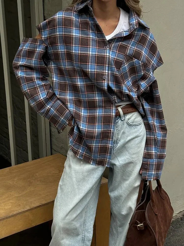 Women Checkered Pattern Shirt Vintage Lapel Long Sleeve Single Breasted Pocket Loose Top 2025 Lady Daily High Street Blouse 260122