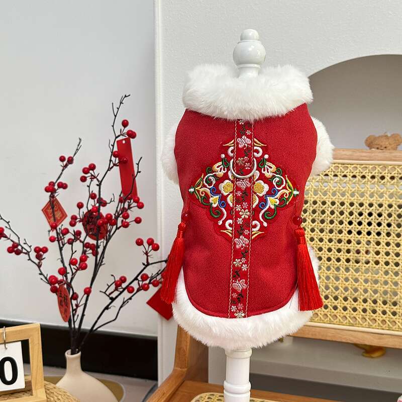 Year Winter Outfit Embroidered Cheongsam New Chinese Style Fleece-Lined Warm Pet Dog Cat Clothes Plush Tang Suit