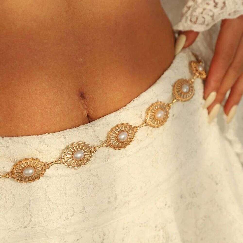 1pc Fashionable Versatile High-End Niche Pearl Chain, Retro Hollow Design Belt, Waist Chain Suitable For All Occasions, Be X260209