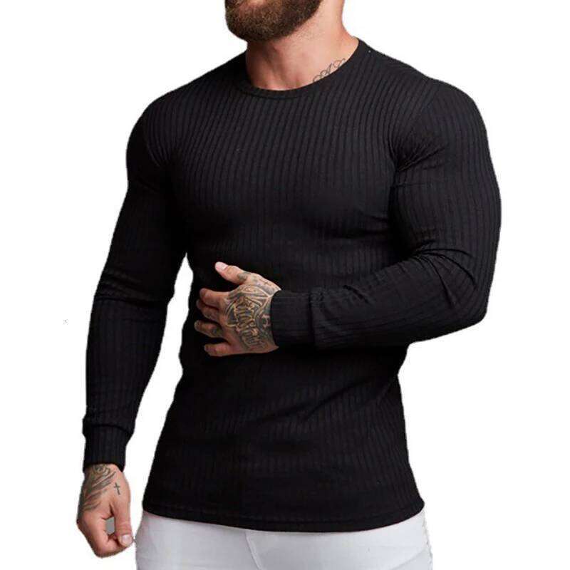 Autumn Breathable Knitted Long Sleeve Shirt Men Fitness Sport Stripe Slim Fit Clothing Gym Bodybuilding O-neck Quick Dry T-Shirt 26Y0209