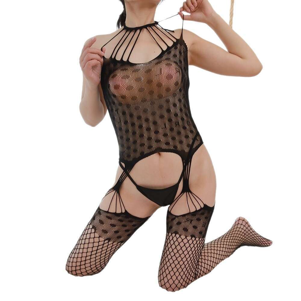Sexy Halter Neck Fishnet Bodysuit Women Sheer Mesh One-Piece with Open Crotch & Adjustable Straps, Perfect for Role Play & Night Out